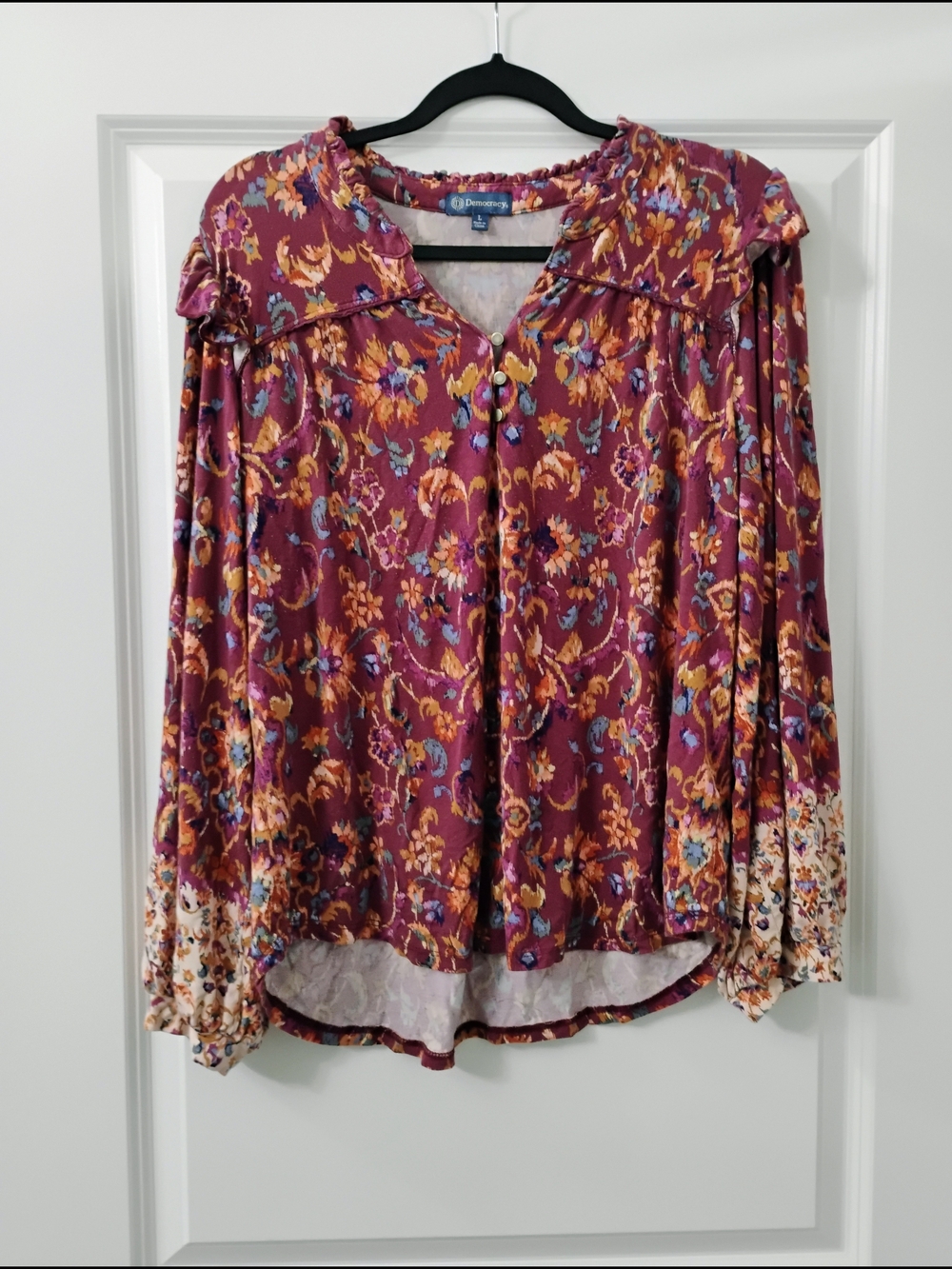Democracy Burgundy Floral Placement Print Ruffle Boho Peasant Blouse Top Size L - Picture 6 of 6